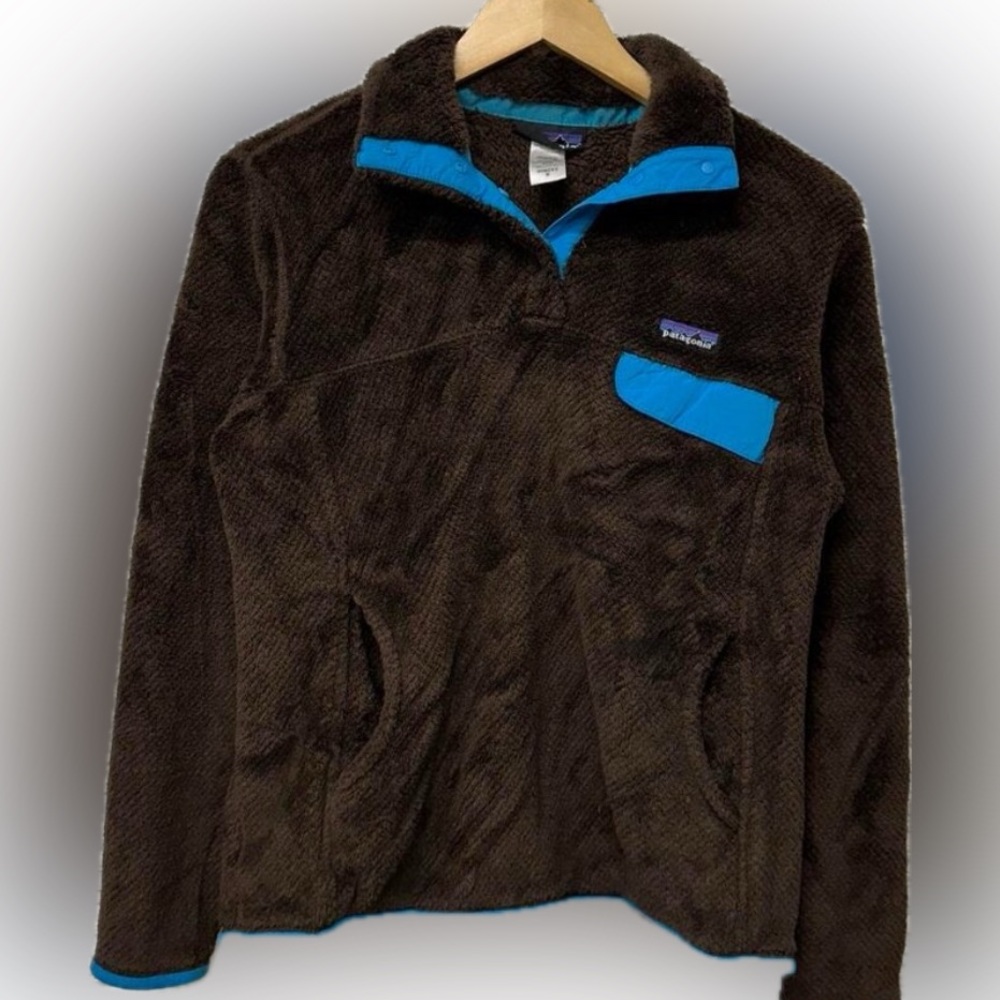 Patagonia Fleece Jacket: brown with blue piping SIZE SMALL